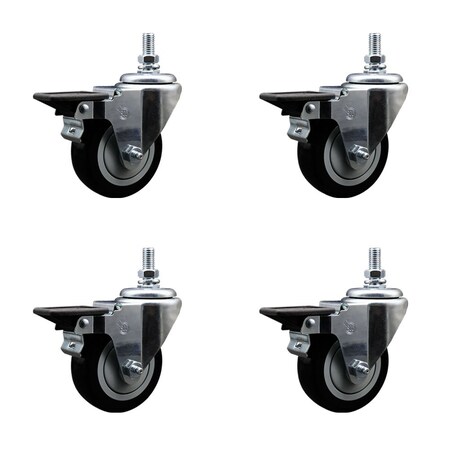 Service Caster 35 Inch Black Polyurethane 12 Inch Threaded Stem Caster Set with Brake SCC-TS20S3514-PPUB-BLK-PLB-121315-4